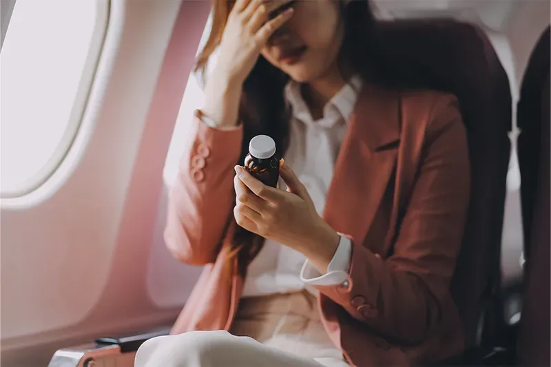 Woman holding a bottle of pills on a plane